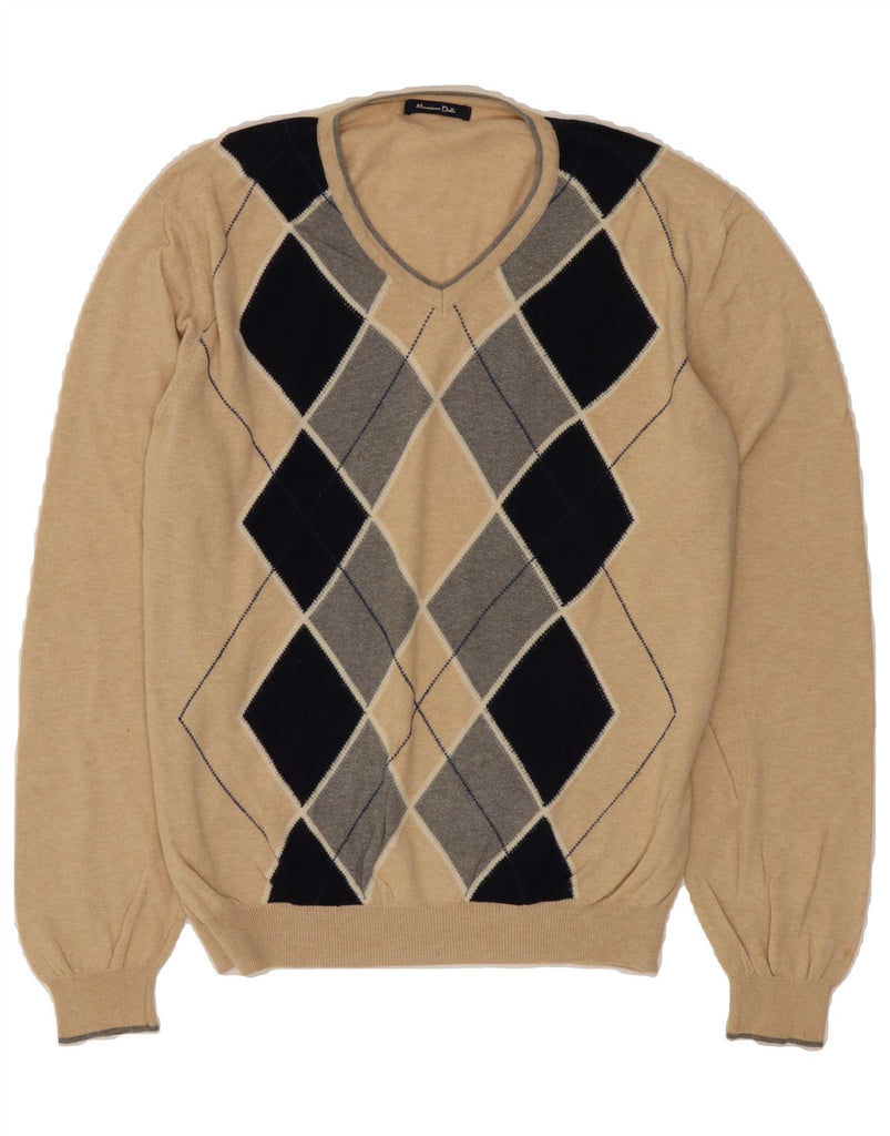 MASSIMO DUTTI Mens V-Neck Jumper Sweater UK 38 Medium Beige Argyle/Diamond Vintage Massimo Dutti and Second-Hand Massimo Dutti from Messina Hembry 