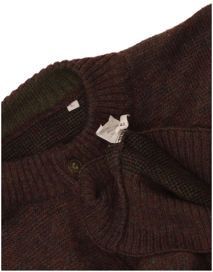 Vintage Mens Graphic Button Neck Jumper Sweater Large Brown Acrylic