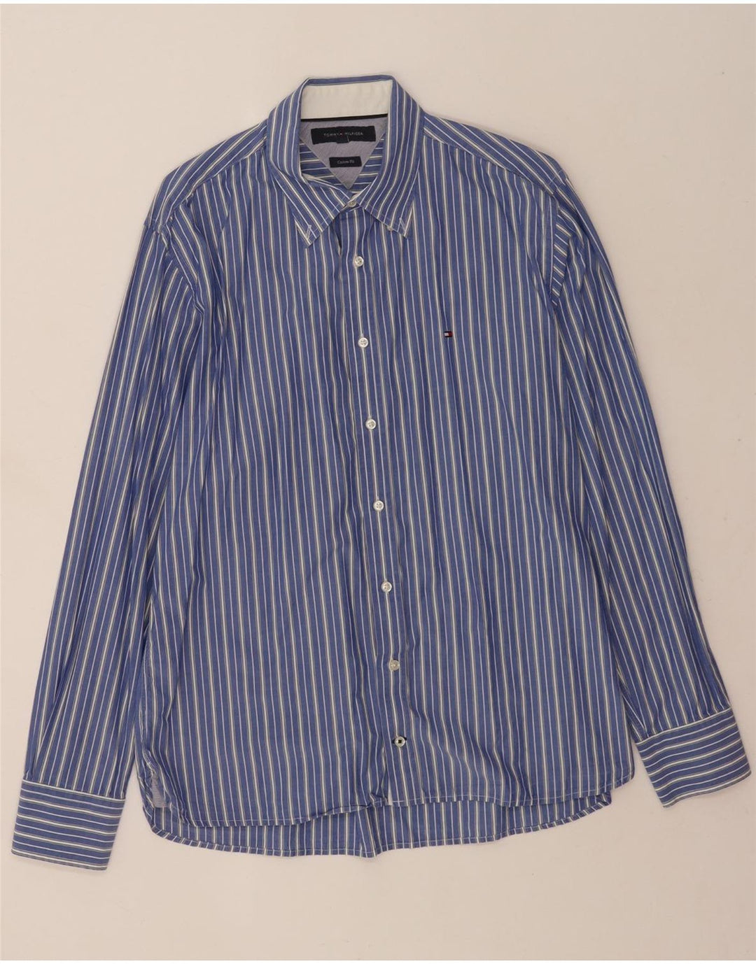 Tommy Hilfiger Mens Custom Fit Shirt Large Blue Striped Cotton