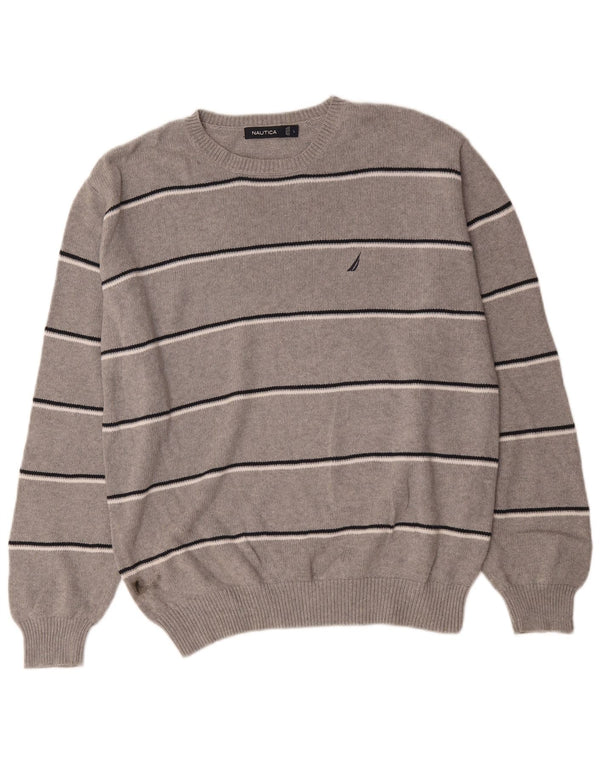 Nautica Mens Crew Neck Jumper Sweater Large Grey Striped Cotton