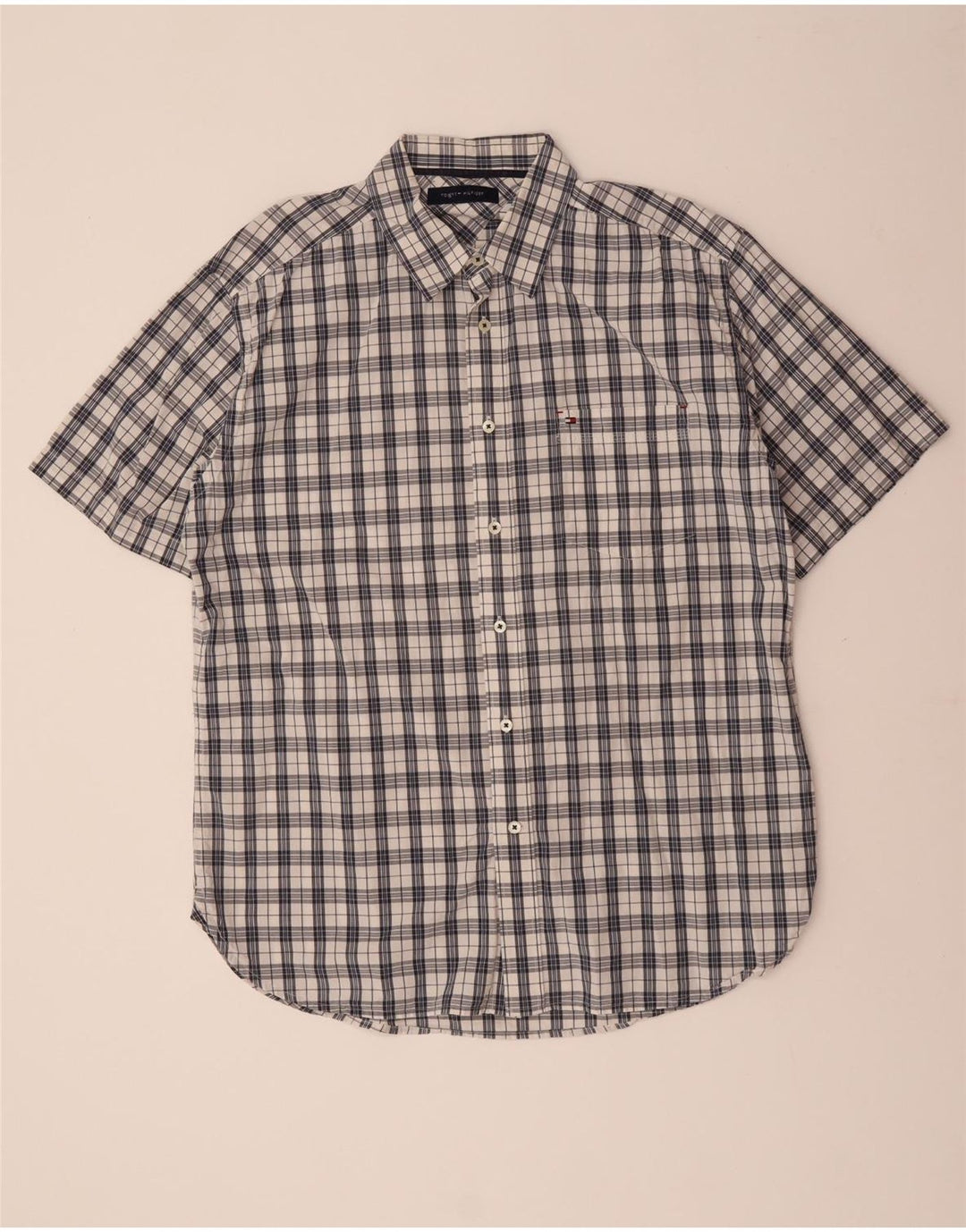 TOMMY HILFIGER Mens Short Sleeve Shirt XL Navy Blue Check