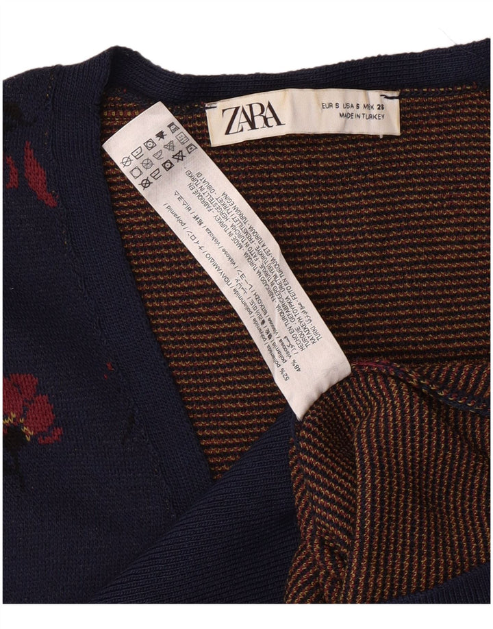 ZARA Womens Crop Cardigan Sweater UK 10 Small Navy Blue Floral Polyamide