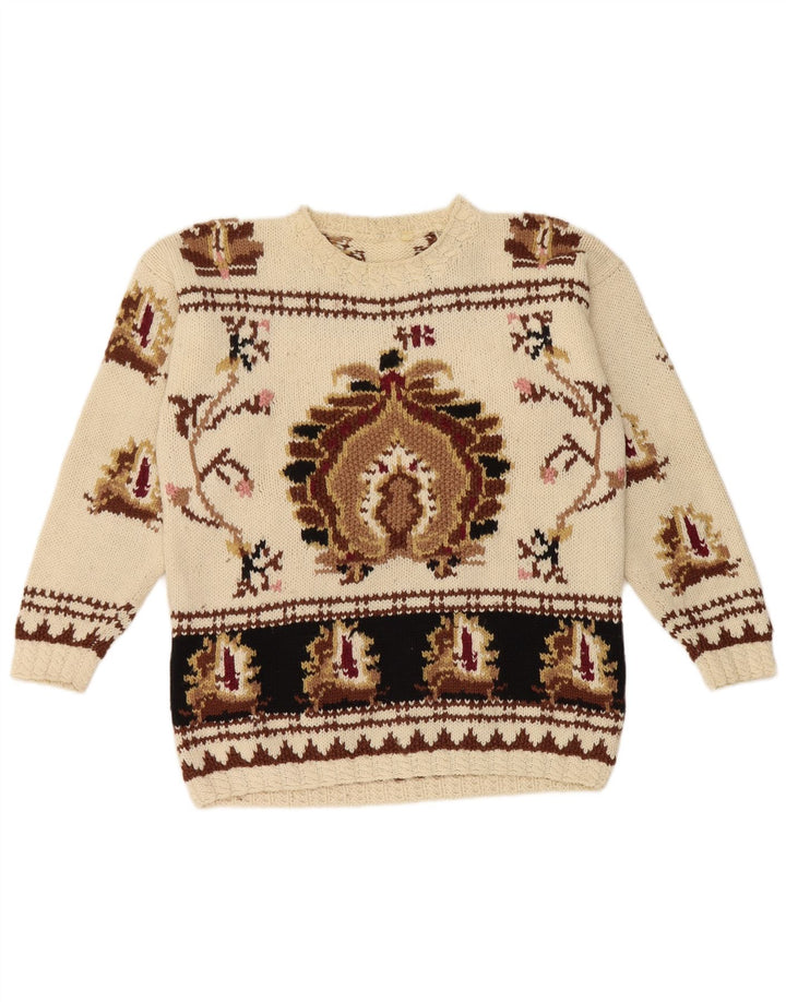 Vintage Womens Crew Neck Jumper Sweater UK 14 Medium Beige Retro