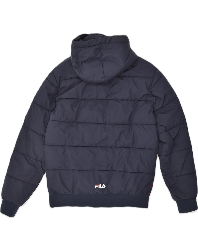 FILA Mens Hooded Padded Jacket UK 36 Small Navy Blue Colourblock Polyester | Vintage Fila | Thrift | Second-Hand Fila | Used Clothing | Messina Hembry 