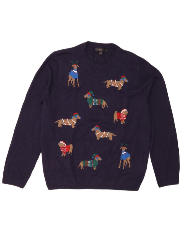Marks & Spencer Mens Crew Neck Jumper Sweater Large Navy Blue Fair Isle