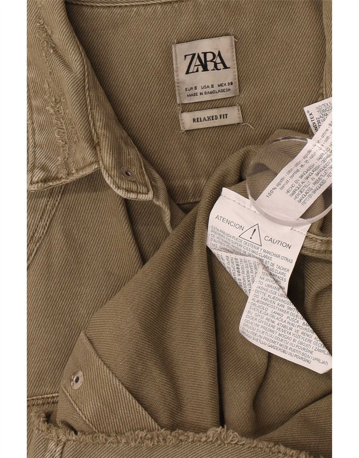 Zara Mens Distressed Relaxed Fit Denim Shirt Small Khaki Cotton