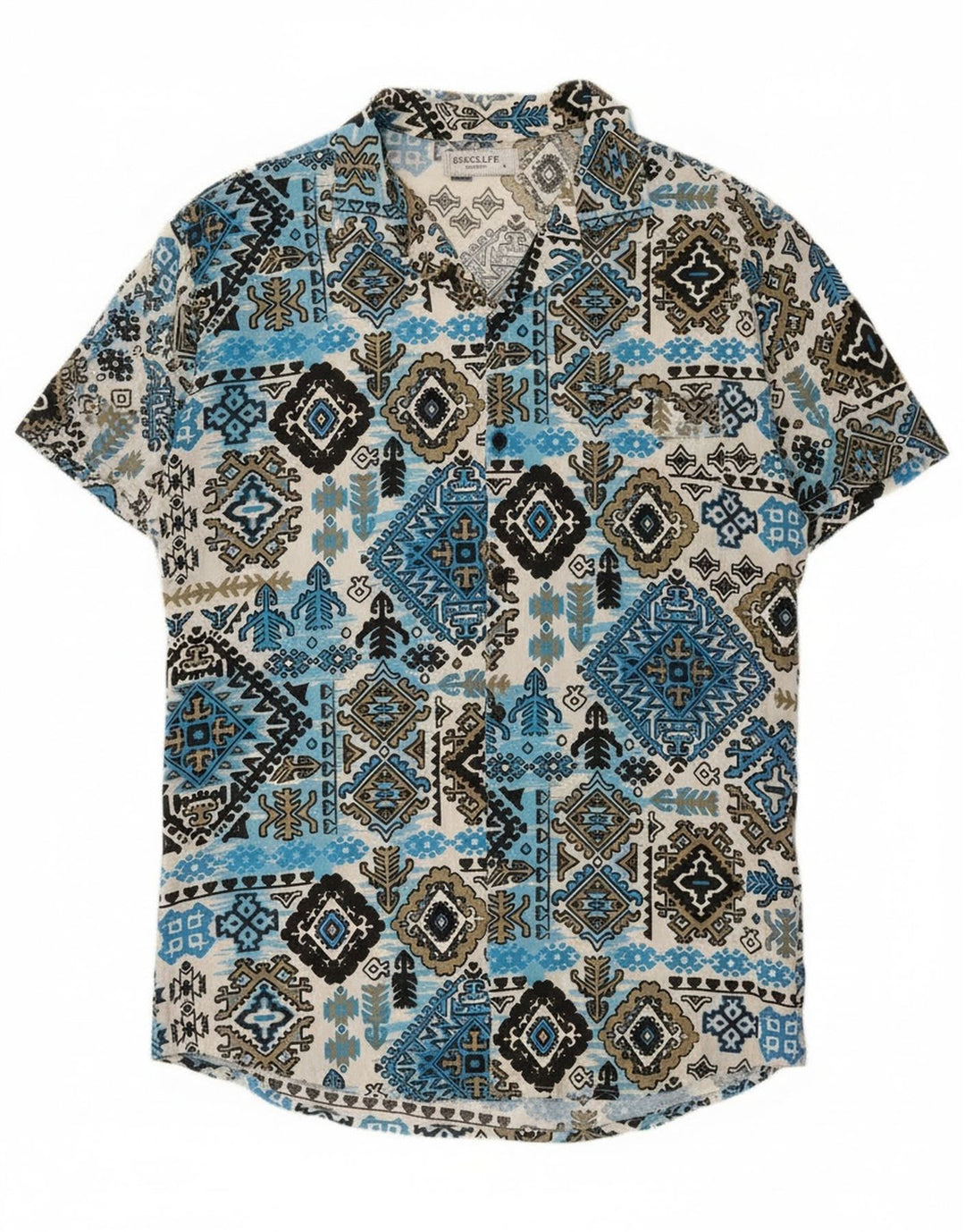 Vintage Mens Short Sleeve Shirt Large Blue Ikat Rayon