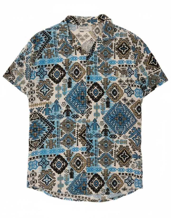Vintage Mens Short Sleeve Shirt Large Blue Ikat Rayon