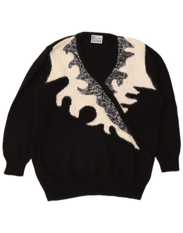 Vintage Womens V-Neck Jumper Sweater IT 50 XL Black Colourblock Acrylic