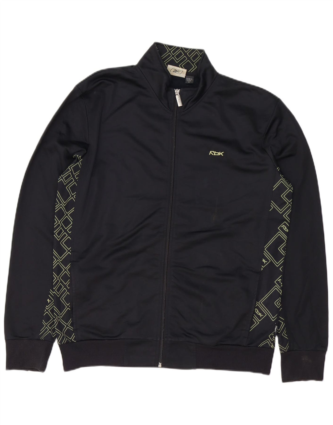 REEBOK Mens Graphic Tracksuit Top Jacket Medium Black Geometric Polyester
