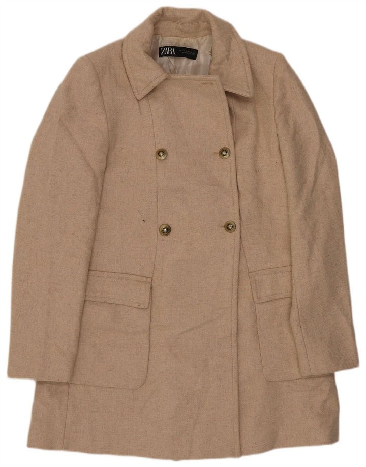 Zara Womens Double Breasted Coat UK 10 Small Beige Wool