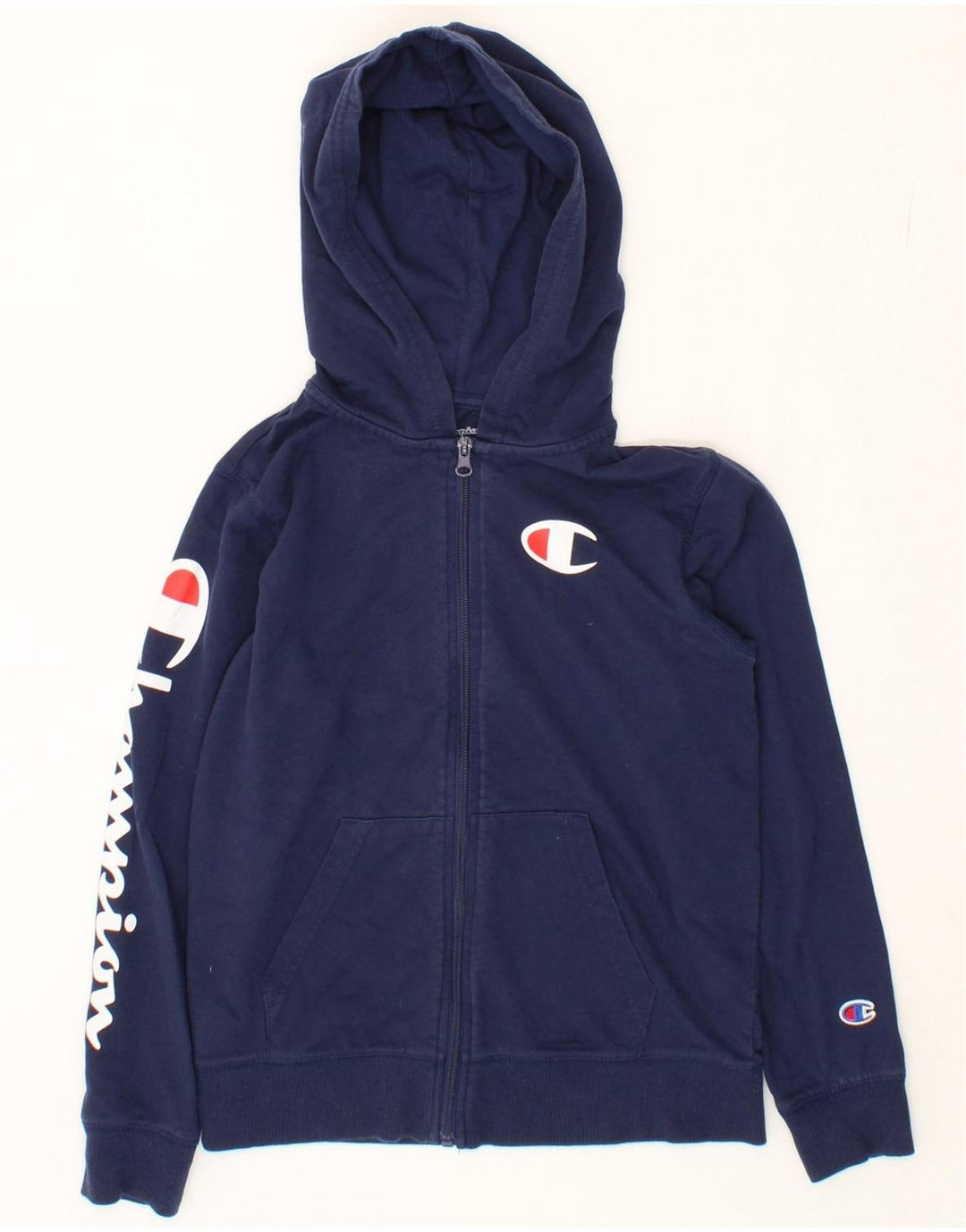 CHAMPION Boys Graphic Zip Hoodie Sweater 10-11 Years Medium Navy Blue Vintage Champion and Second-Hand Champion from Messina Hembry 