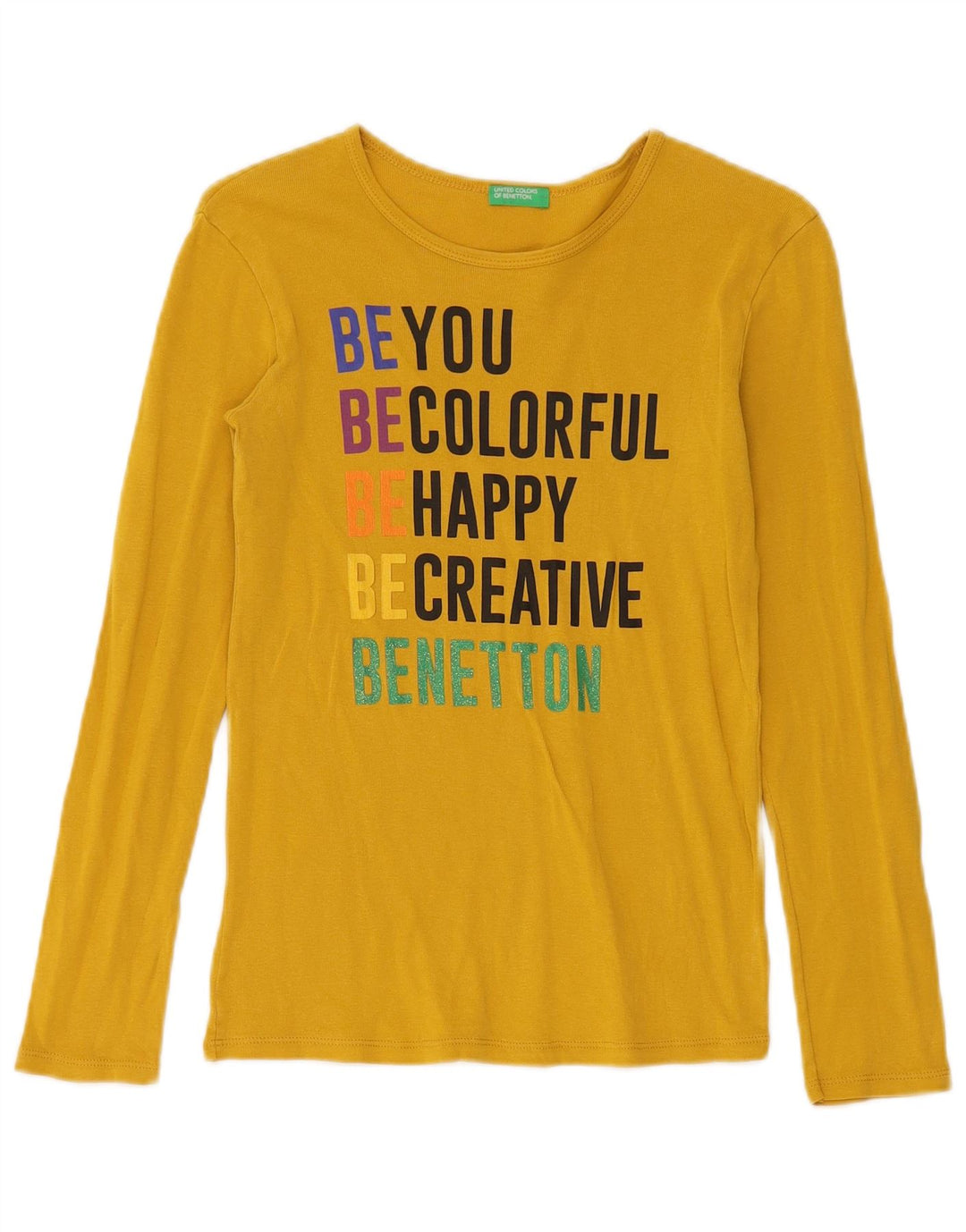 Benetton Womens Graphic Top Long Sleeve UK 8 Small Yellow