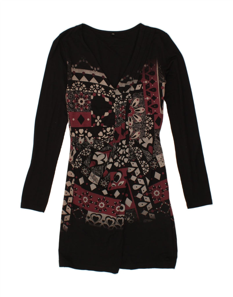 DESIGUAL Womens Graphic Long Sleeve Basic Dress UK 6 XS Black Floral Vintage Desigual and Second-Hand Desigual from Messina Hembry 