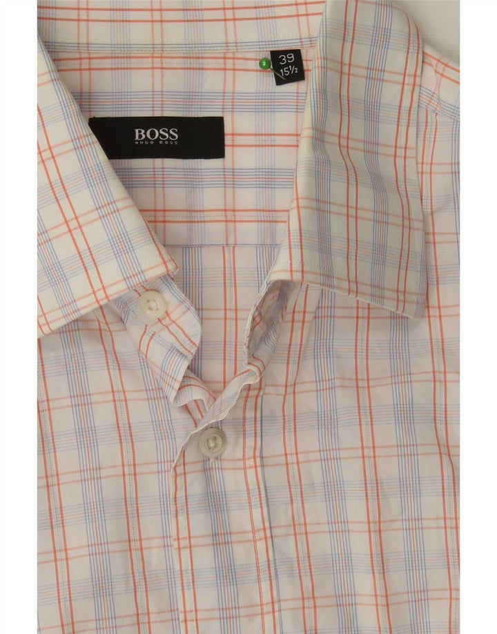 Hugo Boss Mens Short Sleeve Shirt Size 39 15 1/2 Medium White Check Cotton
