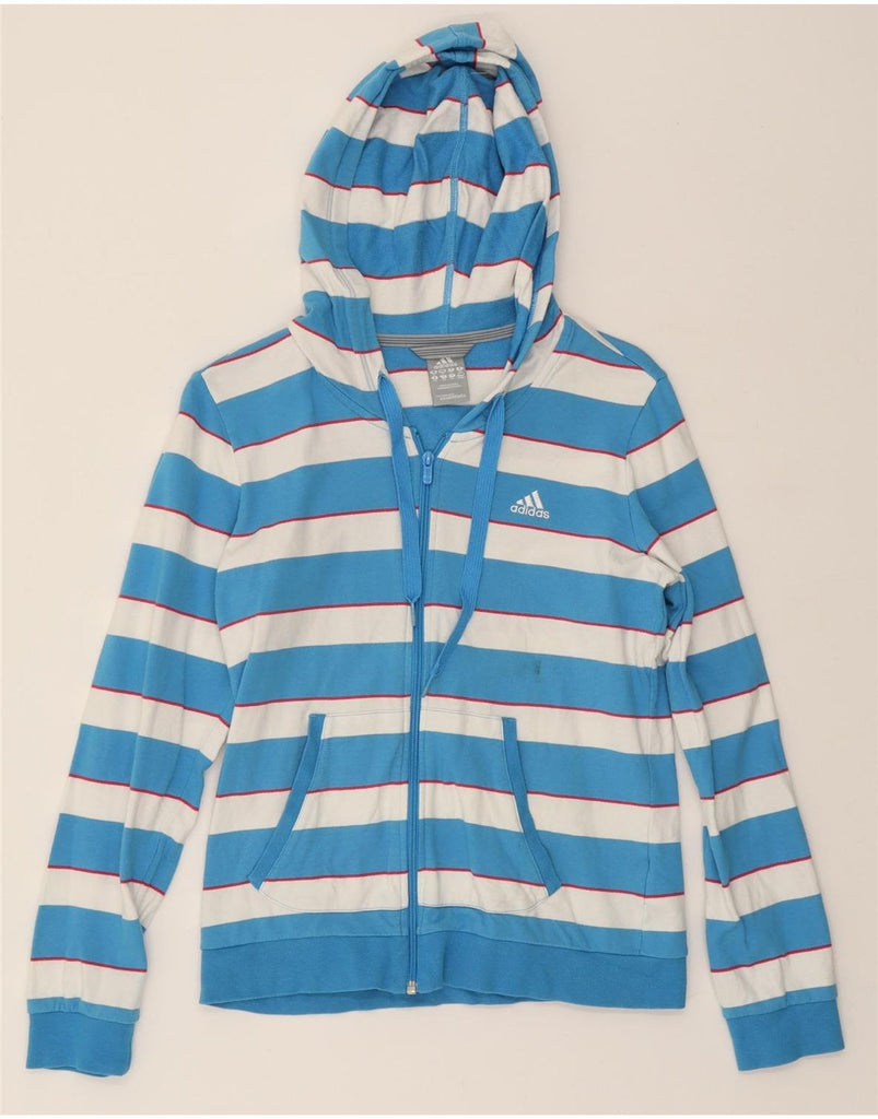 ADIDAS Womens Zip Hoodie Sweater UK 14 Medium  Blue Striped Cotton Vintage Adidas and Second-Hand Adidas from Messina Hembry 