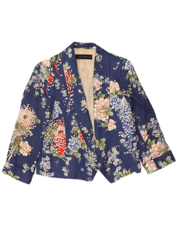 Zara Womens Crop 1 Button Blazer Jacket UK 14 Medium Navy Blue Floral