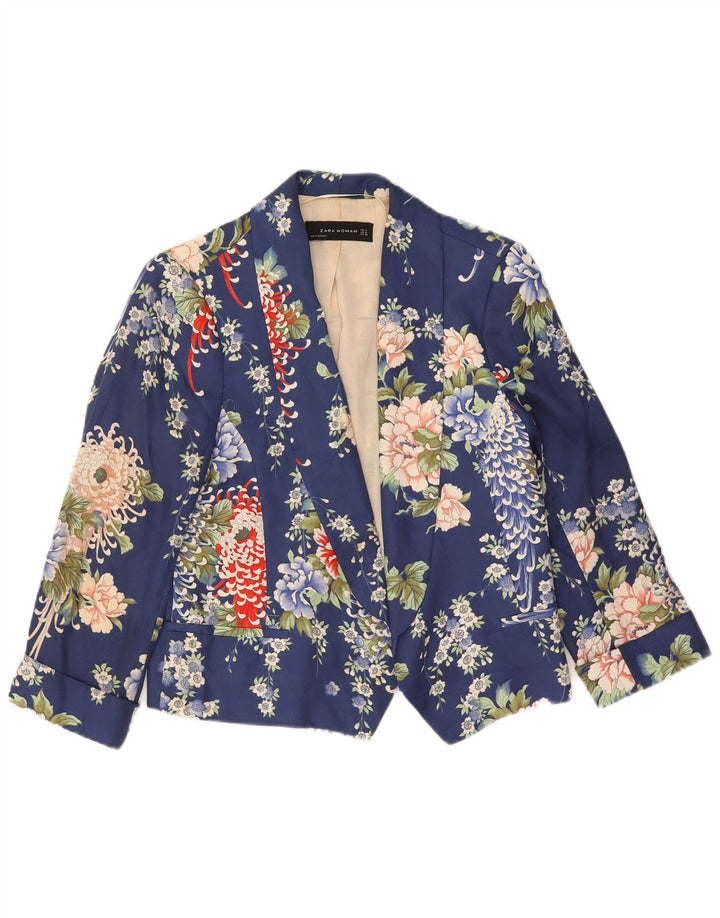 Zara Womens Crop 1 Button Blazer Jacket UK 14 Medium Navy Blue Floral