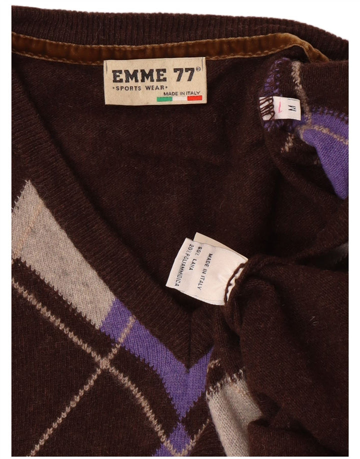 EMME 77 Mens V-Neck Jumper Sweater Medium Brown Argyle/Diamond Wool