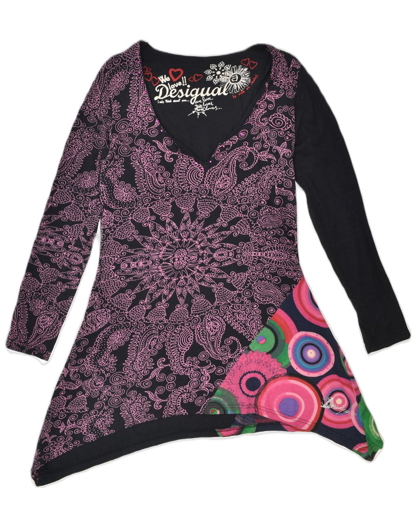 DESIGUAL Womens Graphic Asymmetric Tunic Dress UK 14 Large Black Ikat | Vintage Desigual | Thrift | Second-Hand Desigual | Used Clothing | Messina Hembry 