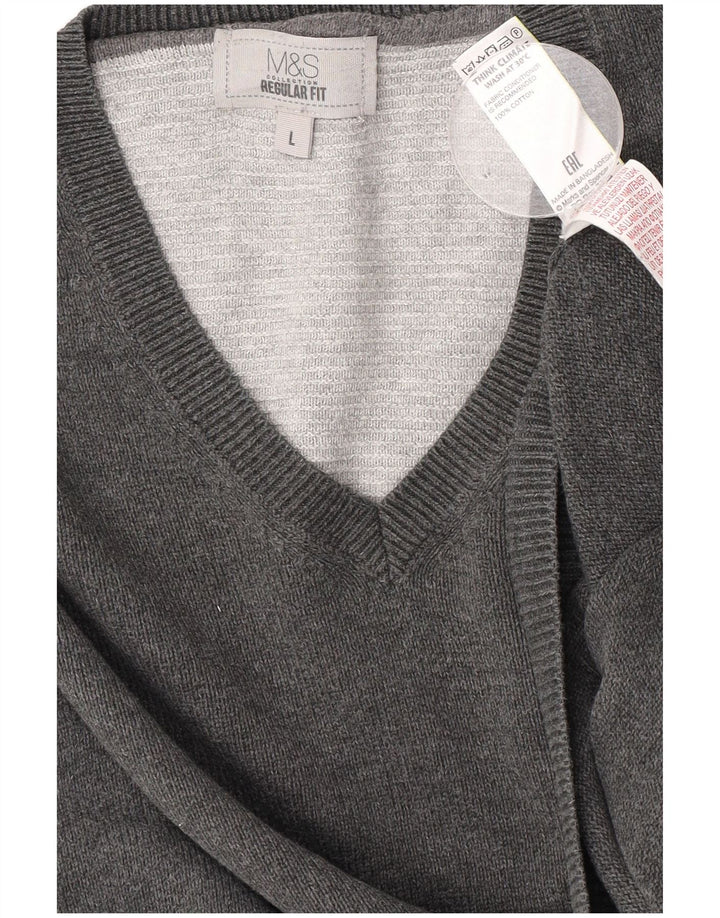 Marks & Spencer Mens Regular Fit V-Neck Jumper Sweater Large Grey Cotton