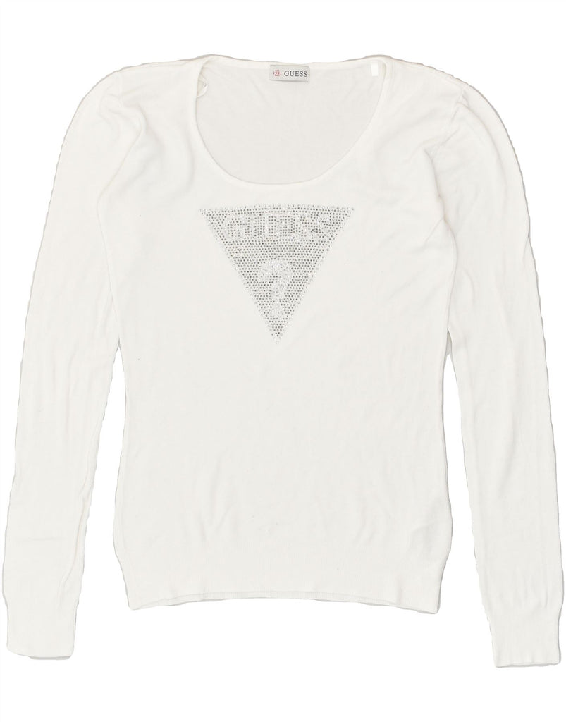 GUESS Womens Graphic Crew Neck Jumper Sweater UK 6 XS  White Cotton | Vintage Guess | Thrift | Second-Hand Guess | Used Clothing | Messina Hembry 