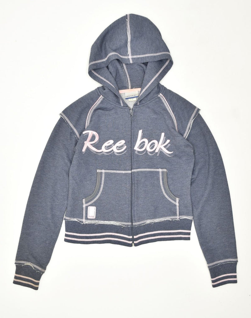 REEBOK Womens Graphic Zip Hoodie Sweater UK 12 Medium Blue Cotton | Vintage Reebok | Thrift | Second-Hand Reebok | Used Clothing | Messina Hembry 