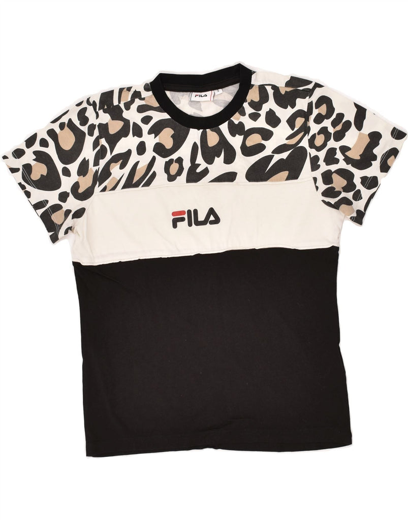 FILA Womens Graphic T-Shirt Top UK 10 Small Black Colourblock Cotton | Vintage Fila | Thrift | Second-Hand Fila | Used Clothing | Messina Hembry 