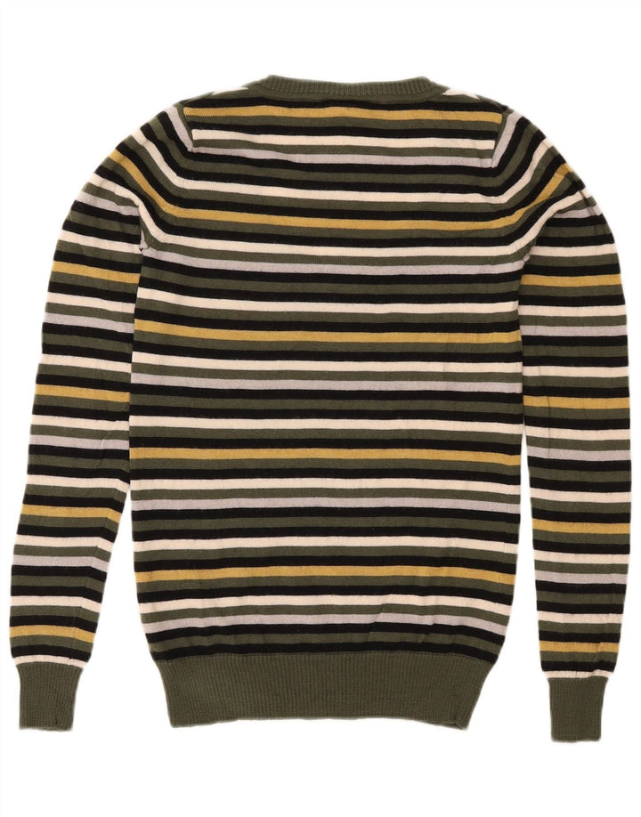 LACOSTE Womens Boat Neck Jumper Sweater Size 36 Small Khaki Striped Wool