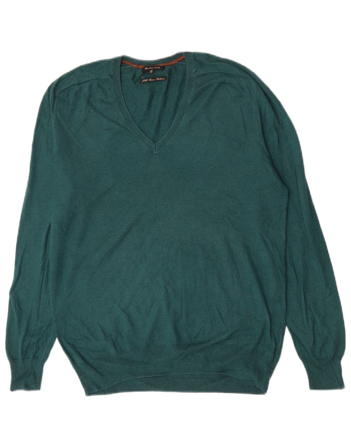 Massimo Dutti Mens V-Neck Jumper Sweater Small Green Silk