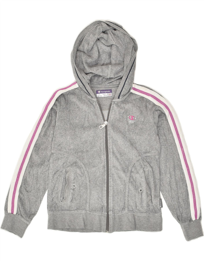 CHAMPION Girls Zip Hoodie Sweater 9-10 Years Medium Grey Colourblock | Vintage Champion | Thrift | Second-Hand Champion | Used Clothing | Messina Hembry 