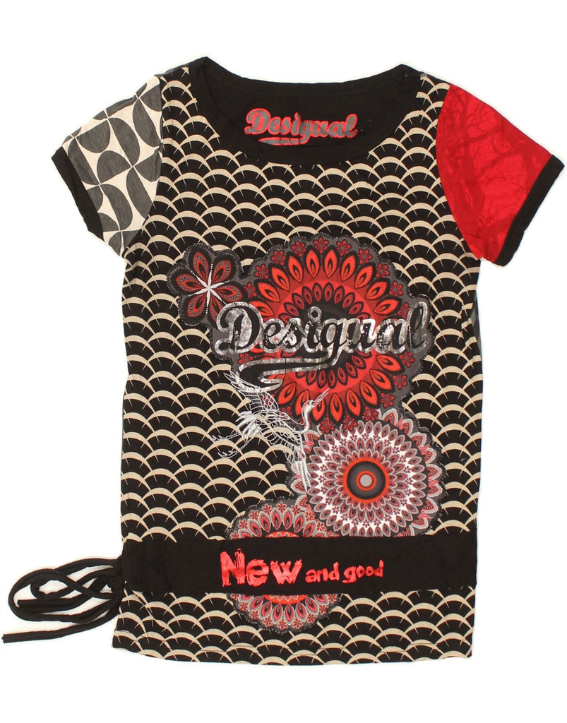 DESIGUAL Womens Graphic Short Sleeve Blouse Top UK 12 Medium Black | Vintage Desigual | Thrift | Second-Hand Desigual | Used Clothing | Messina Hembry 