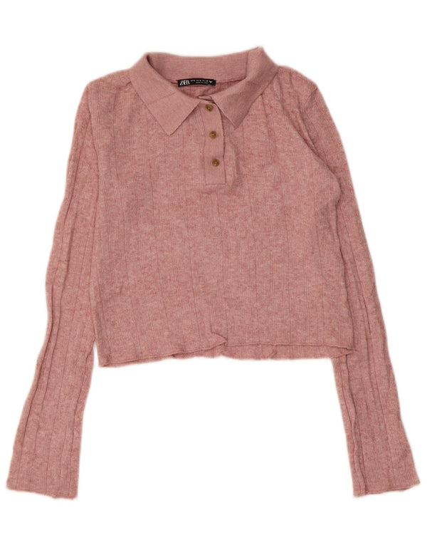 Zara Womens Crop Polo Neck Jumper Sweater UK 8 Small Pink Viscose