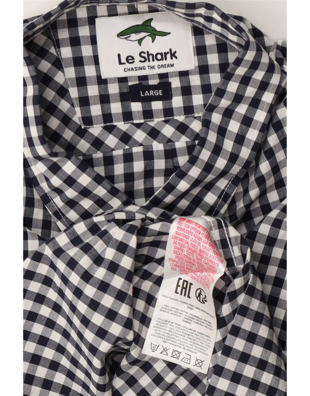 Le Shark Mens Short Sleeve Shirt Large Navy Blue Gingham Cotton