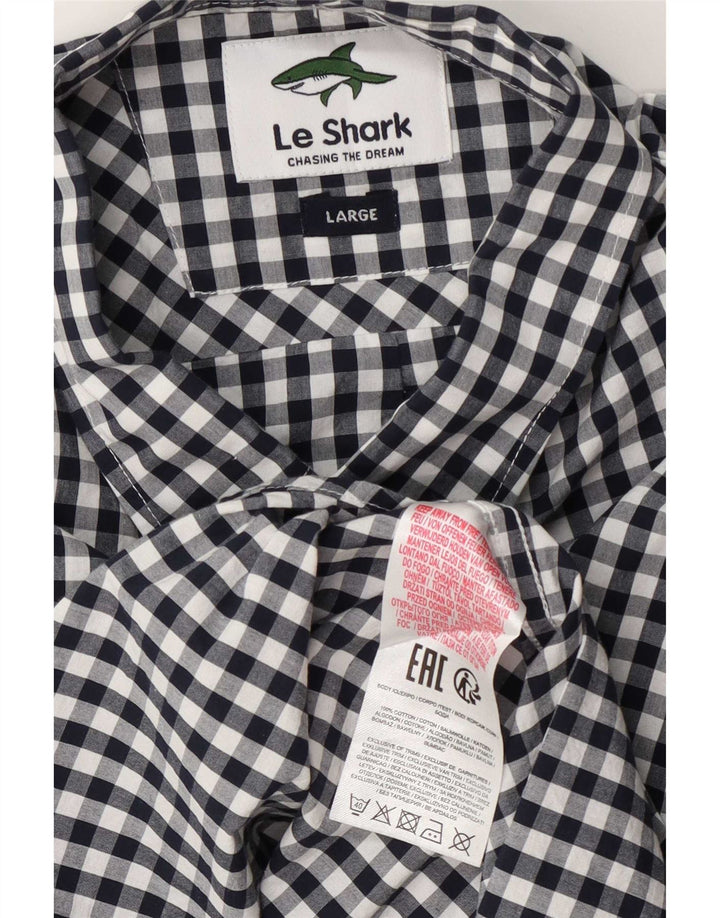 Le Shark Mens Short Sleeve Shirt Large Navy Blue Gingham Cotton