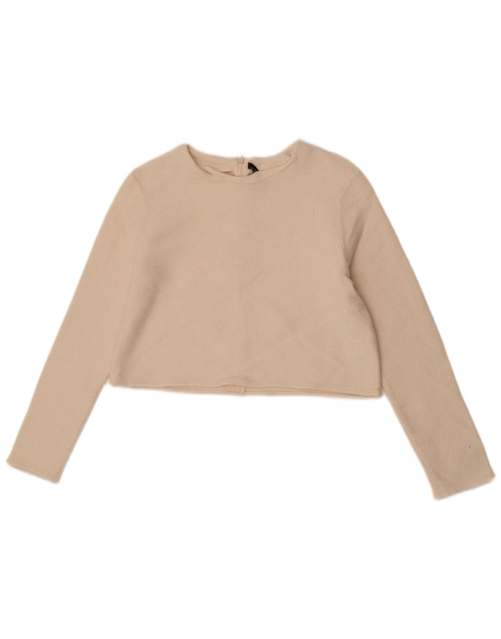 Zara Womens Crop Crew Neck Jumper Sweater UK 12 Medium Off White Wool