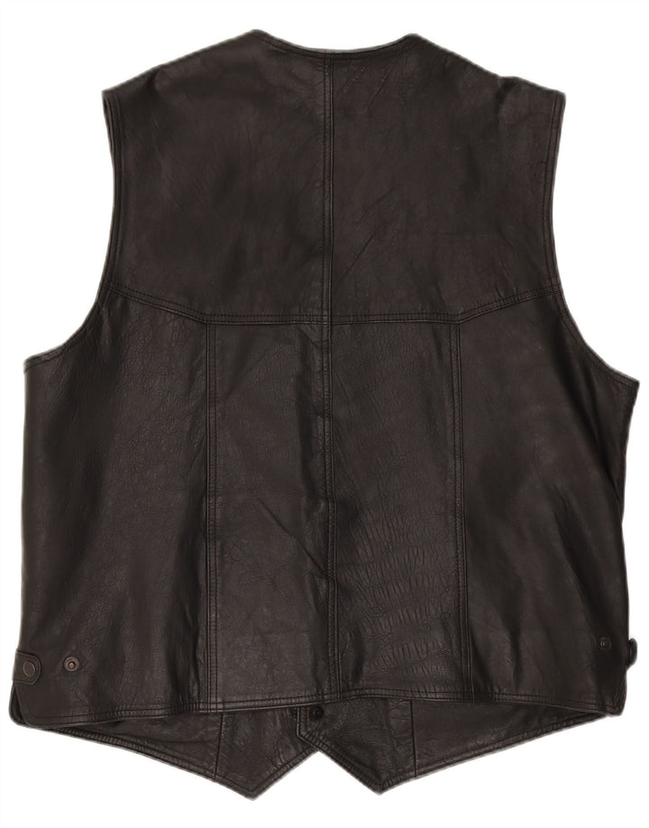 VINTAGE Mens Leather Waistcoat 3XL Black Leather