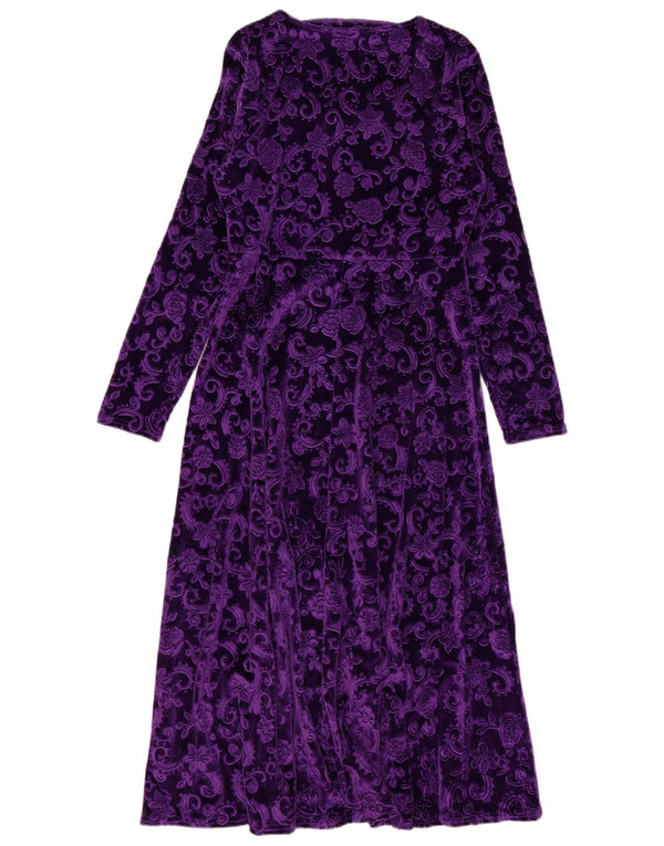 Vintage Womens Velvet Maxi Dress UK 14 Large Purple Floral Polyester