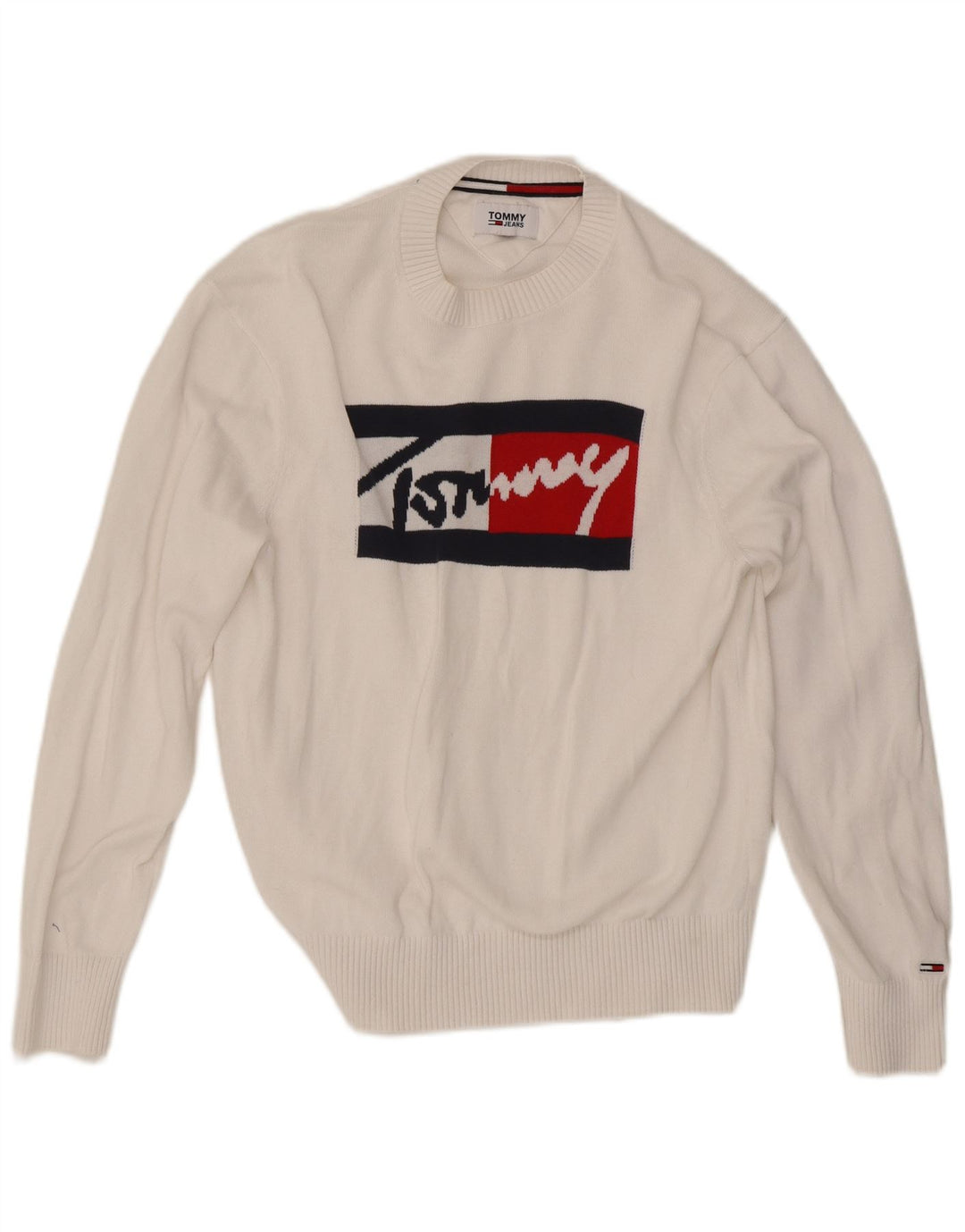 Tommy Hilfiger Mens Graphic Crew Neck Jumper Sweater Small White Cotton