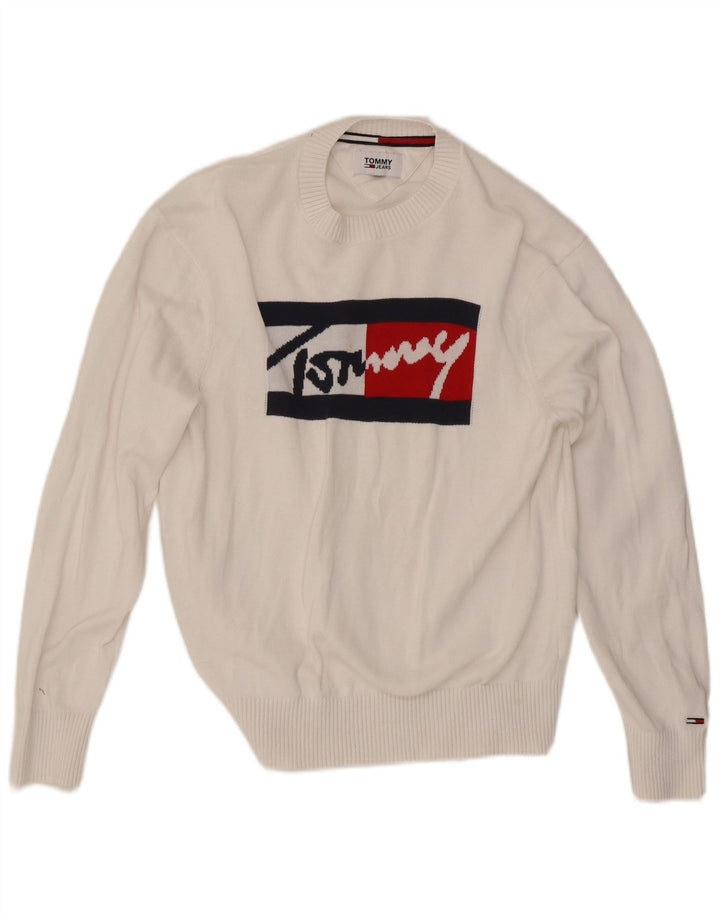 Tommy Hilfiger Mens Graphic Crew Neck Jumper Sweater Small White Cotton