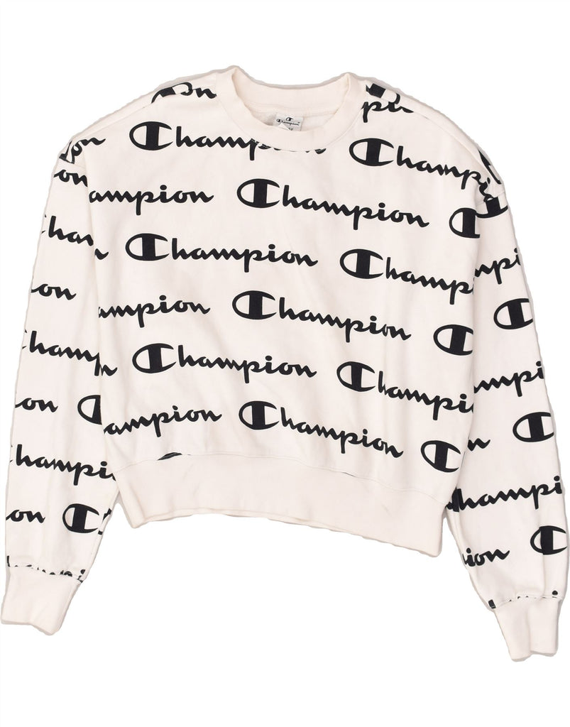 CHAMPION Womens Crop Graphic Sweatshirt Jumper UK 16 Large White Cotton | Vintage Champion | Thrift | Second-Hand Champion | Used Clothing | Messina Hembry 