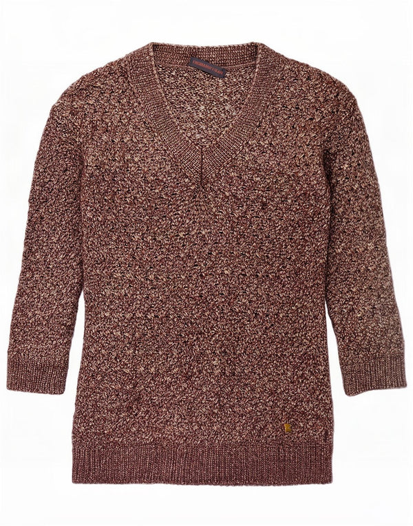 Trussardi Jeans Womens V-Neck Jumper Sweater UK 16 Large Brown Flecked