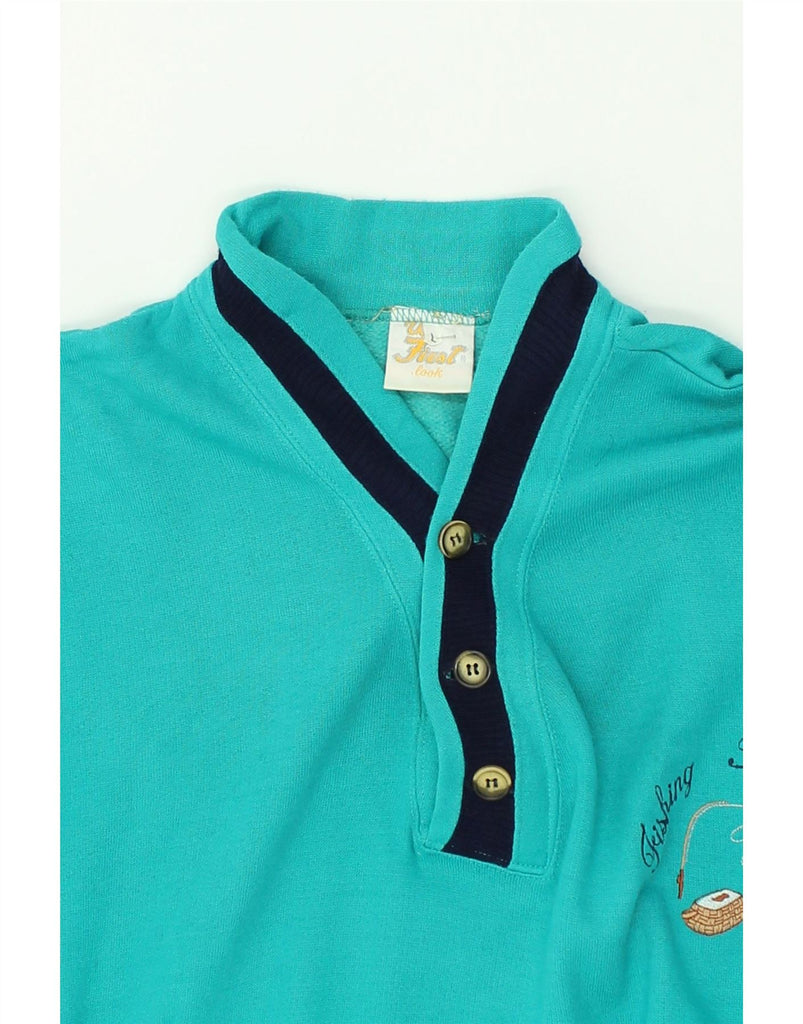 VINTAGE Mens Shawl Neck Sweatshirt Jumper Large Turquoise Cotton | Vintage Vintage | Thrift | Second-Hand Vintage | Used Clothing | Messina Hembry 