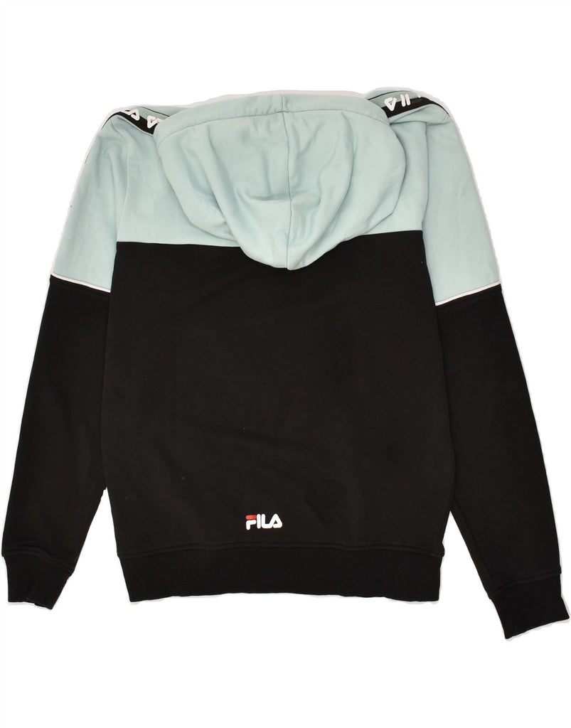 FILA Womens Oversized Graphic Hoodie Jumper UK 6 XS Black Colourblock | Vintage Fila | Thrift | Second-Hand Fila | Used Clothing | Messina Hembry 