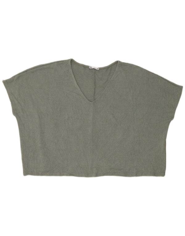 Zara Womens Crop Oversized Knit Crop Top UK 14 Medium Green Viscose