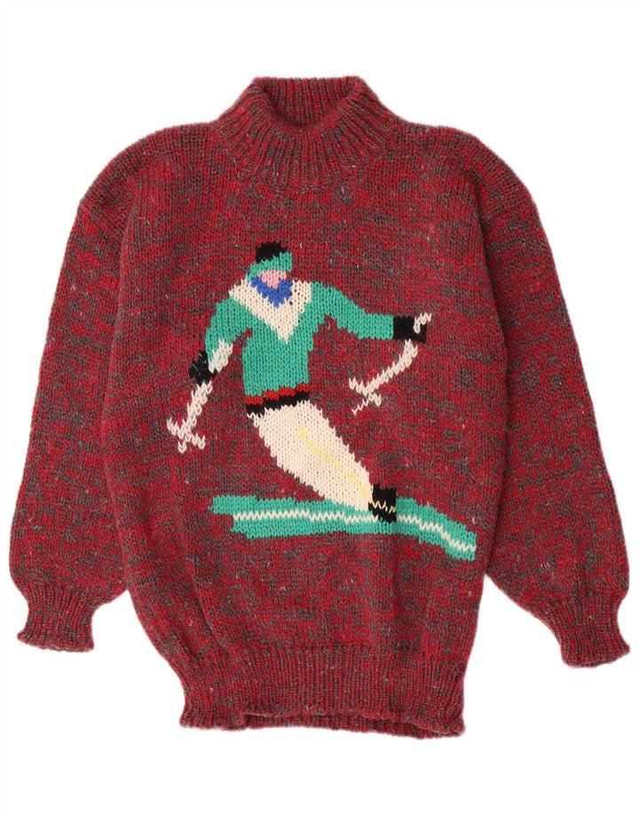 Vintage Mens Graphic Turtle Neck Jumper Sweater Medium Red Flecked