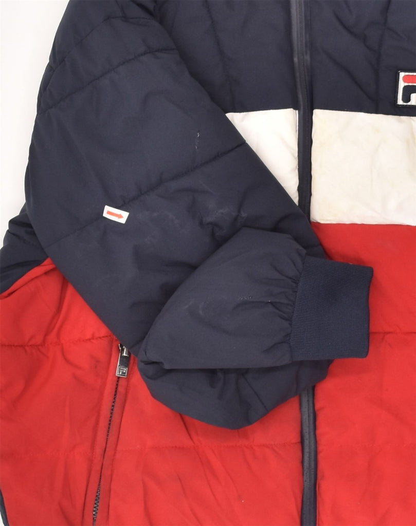 FILA Mens Hooded Padded Jacket UK 36 Small Navy Blue Colourblock Polyester | Vintage Fila | Thrift | Second-Hand Fila | Used Clothing | Messina Hembry 