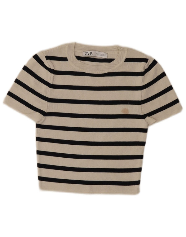 Zara Womens Crop Top UK 8 Small White Striped Viscose