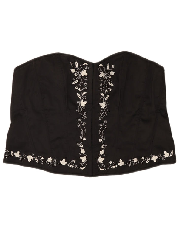 VINTAGE Womens Crop Corset Top UK 16 Large Black Floral Polyester