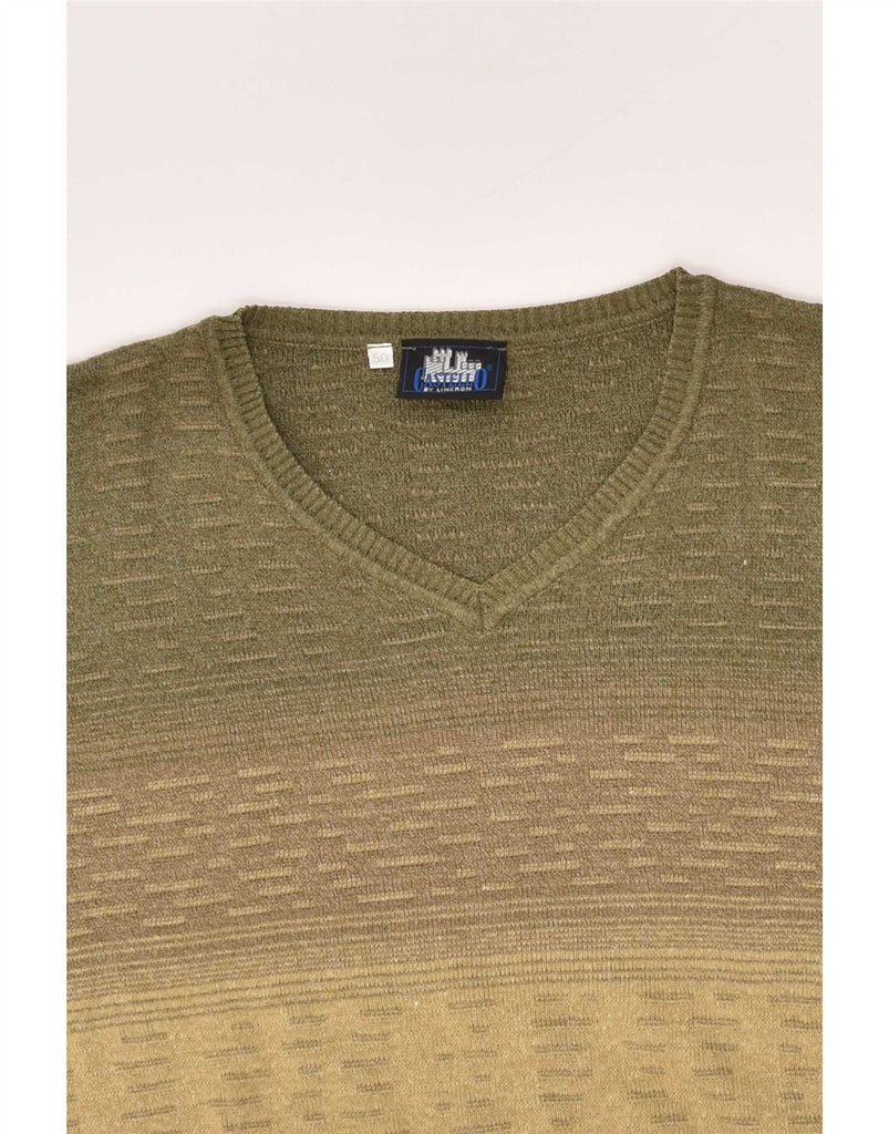 VINTAGE Mens V-Neck Jumper Sweater IT 50 Medium Khaki Colourblock Cotton Vintage Vintage and Second-Hand Vintage from Messina Hembry 